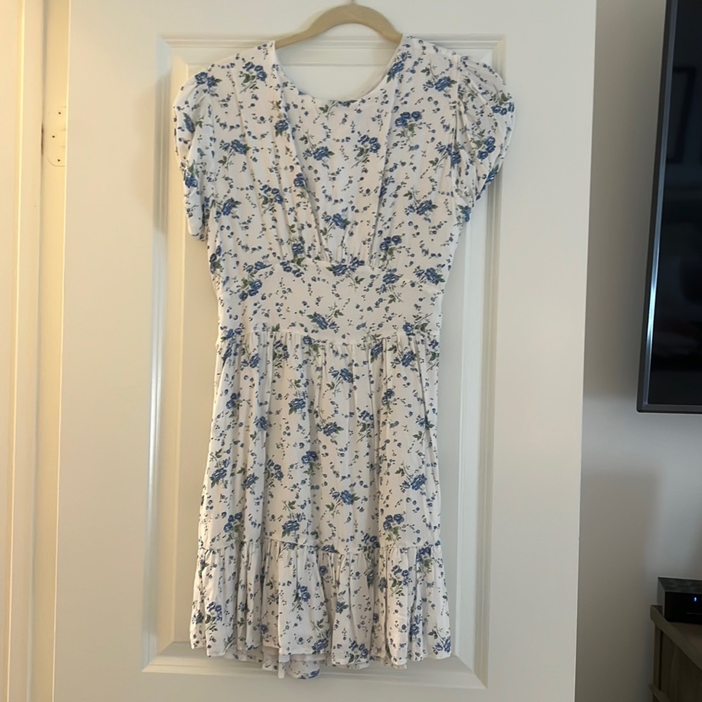 Faithfull the Brand white and blue floral mini dress